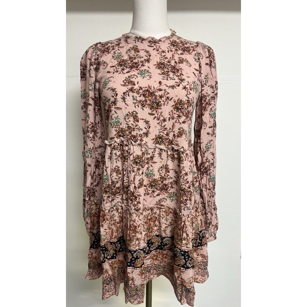 Women's Babydoll Flowy Top Long Sleeve Size XS Dusty Pink Floral Boho Peasant